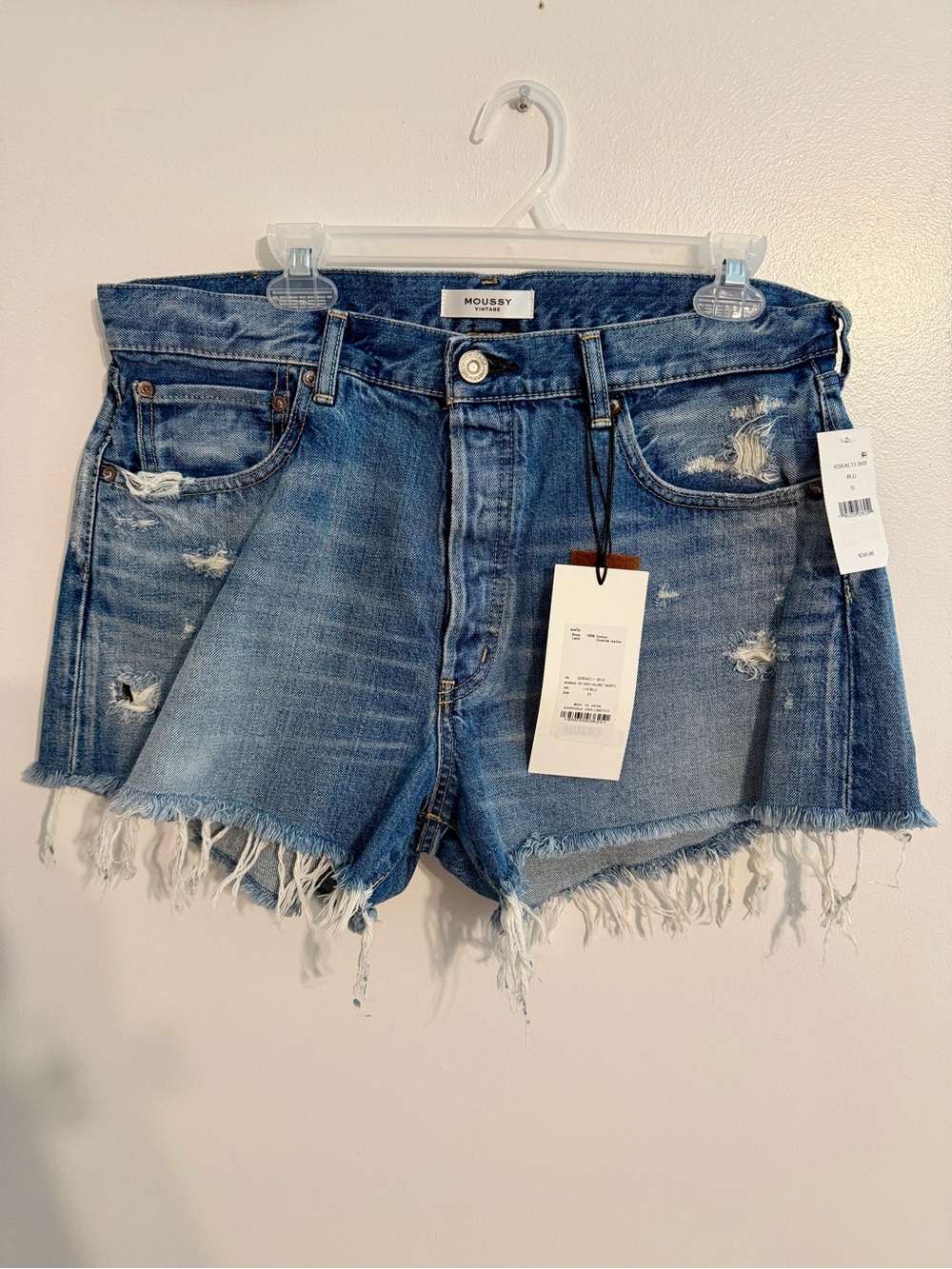 Vintage denim high rise shorts Moussy Distressed Frayed Hem Jean Shorts 31 blue
